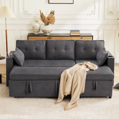 Sofá cama de 3 plazas - 211x130x86 cm - Sofá esquinero reversible con baúl de almacenamiento, portavasos y bolsillos - Gris