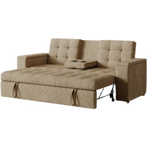 Sofá cama de 3 plazas con estante central y reposabrazos extraíbles en pana beige NOHO