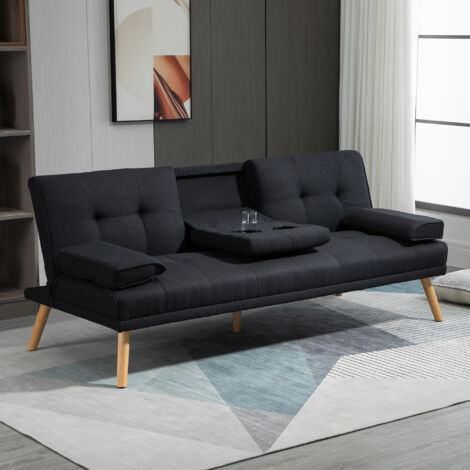 Sofá cama de 3 plazas con mesa plegable y portavasos, tapizado efecto lino, diseño escandinavo, carga hasta 250 kg, ideal para salón, Negro