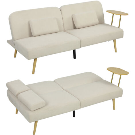 Sofá cama de 3 plazas con mesita auxiliar 3 en 1, respaldo ajustable, apertura Clik-Clak, 196x86x81 cm, Beige