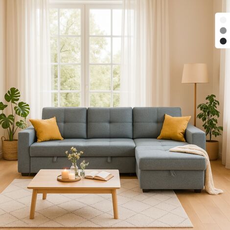 MODUS SOFÀ Sofá cama de 3 plazas gris con chaise longue, arcón, USB-C estantería Civis