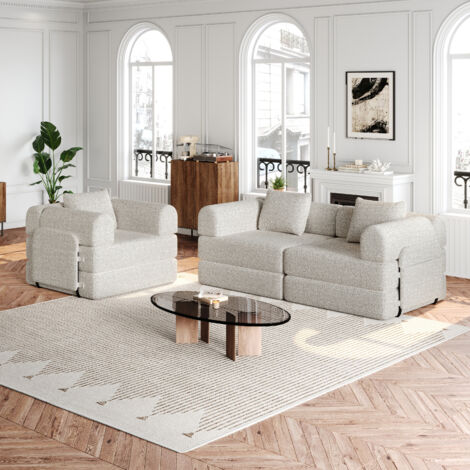Sofá cama de chenilla convertible con cojines, sillón, sofá tapizado con reposabrazos y almacenaje - Combinación libre, 3 plazas, gris claro