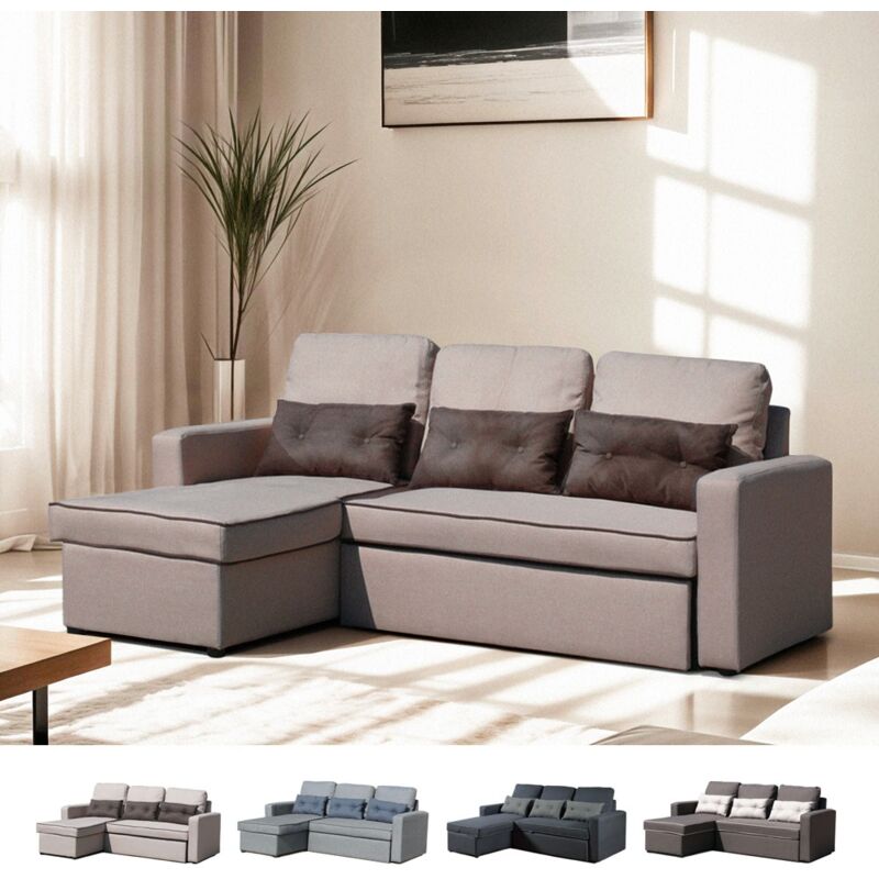 

Sofá cama de esquina de 3 plazas con cojines para sala de estar Smeraldo | Color: Beige