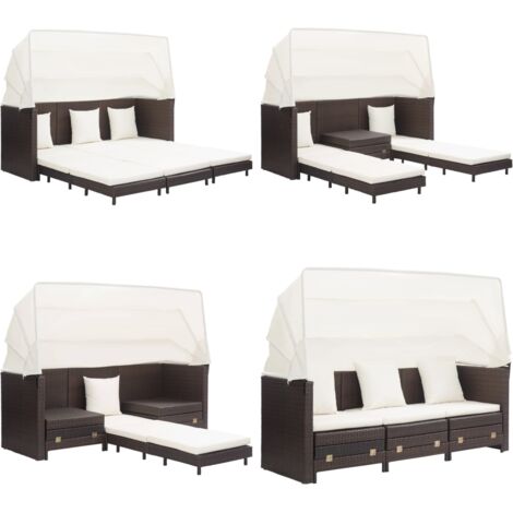 Sofá cama de jardín 3 plazas con capota ratán sintético marrón - Sofá cama ratán sintético - Sofá cama 3 plazas