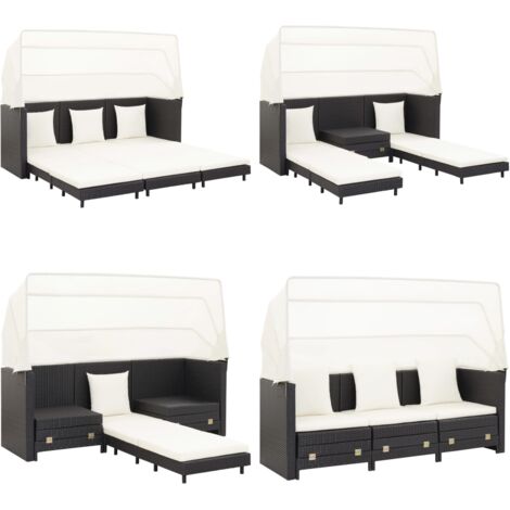 Sofá cama de jardín 3 plazas con capota ratán sintético negro - Sofá cama ratán sintético - Sofá cama con techo