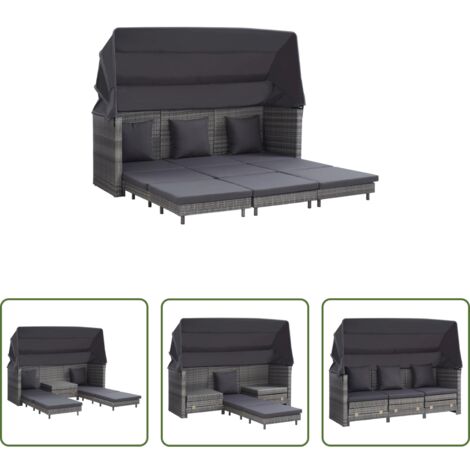 Sofá cama de jardín -  Sofá cama extensible 3 plazas con capota ratán sintético gris