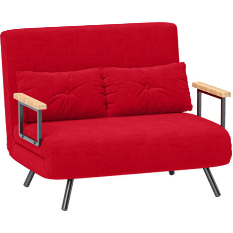 Sofá cama de tela efecto terciopelo con respaldo regulable y 2 cojines, 102 x 73 x 81 cm, rojo.