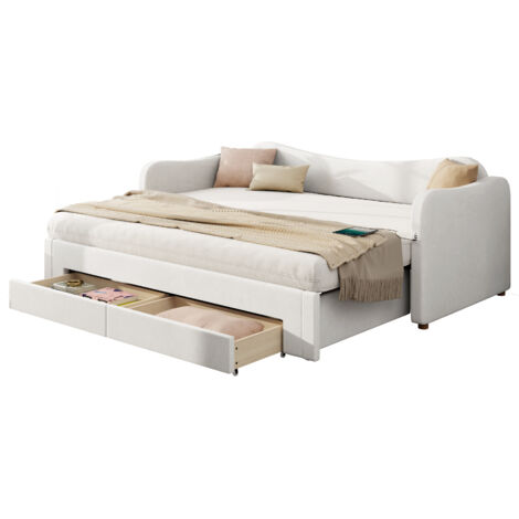 Sofá cama de terciopelo beige 90x200 cm extensible a 180x200 cm con 2 cajones, USB y Tipo-C