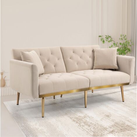Sofá cama doble moderno, sofá de terciopelo beige, con 4 patas de soporte de metal, capacidad de carga de hasta 600 libras, adecuado para sala de estar, dormitorio, oficina, apartamento.