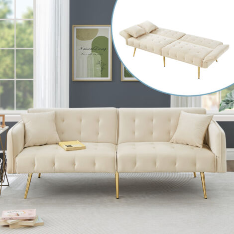 Sofá cama doble multifuncional, plegable en terciopelo beige, con respaldo y reposabrazos ajustables en varias secciones, ideal para sala de estar.