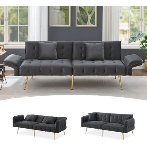 Sofá cama doble multifuncional, plegable en terciopelo gris, con respaldo y reposabrazos ajustables en varias secciones, ideal para sala de estar.