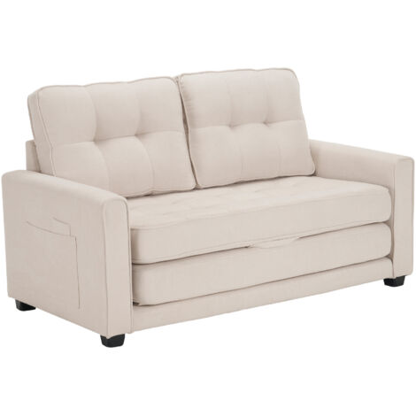 Sofá cama doble plegable, cojines con bolsillos laterales, tela de lino beige, ideal para espacios pequeños, habitaciones de invitados y oficinas en casa.