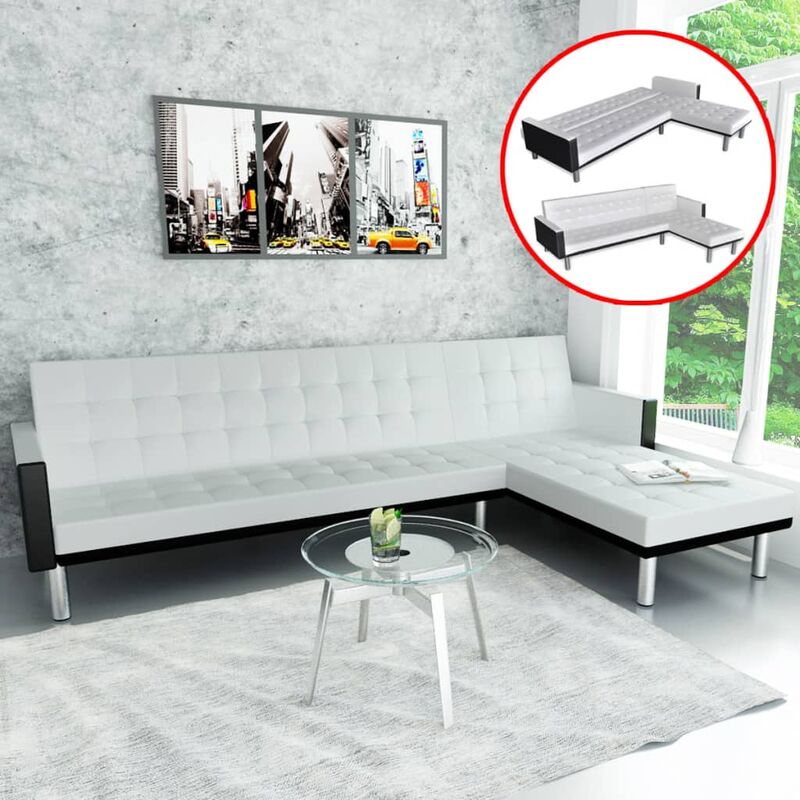 

Sofá cama en forma de L cuero sintético blanco