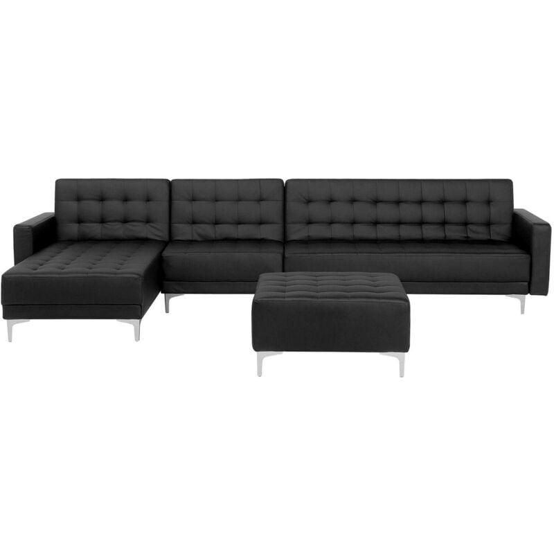 Sofá esquinero 5 plazas de piel sintética negro plateado derecho con otomana chaise longue Aberdeen