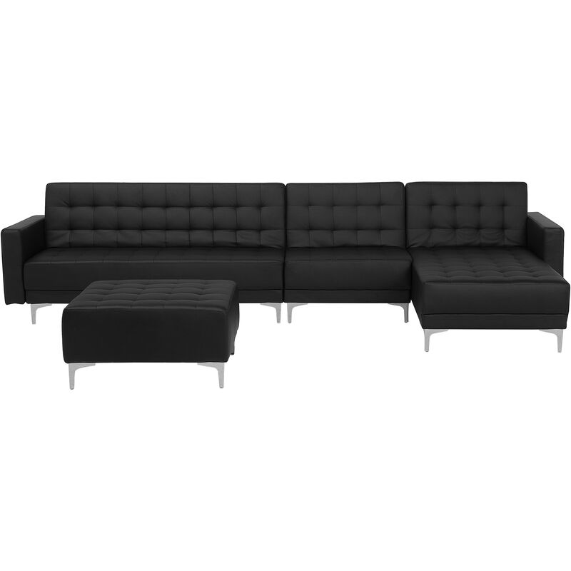 Sofá esquinero 5 plazas de piel sintética negro plateado izquierdo con otomana chaise longue Aberdeen