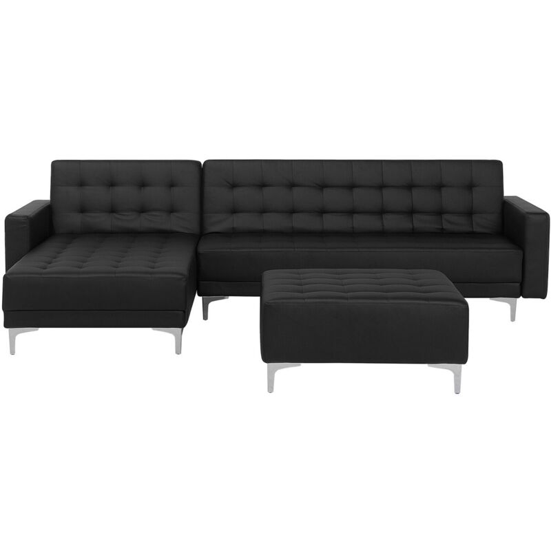 Sofá esquinero 4 plazas de piel sintética negro plateado derecho con otomana chaise longue Aberdeen