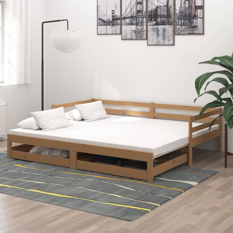 

Sofá cama extraíble madera maciza pino marrón miel 2x(90x200)cm