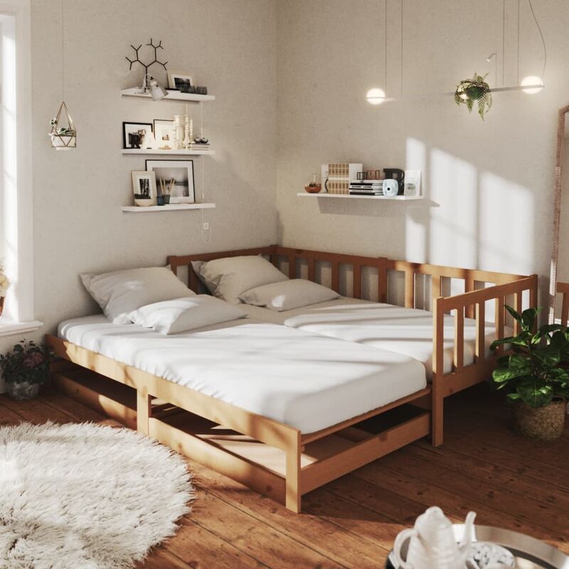 

Sofá cama extraíble madera maciza pino marrón miel 2x(90x200)cm