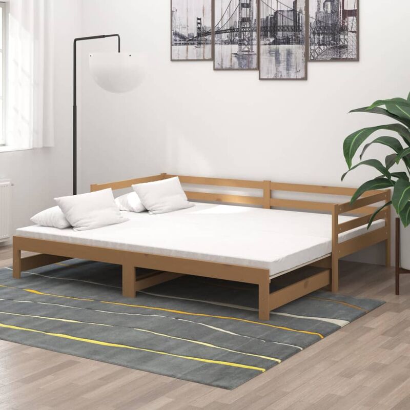 

Sofá cama extraíble madera maciza pino marrón miel 2x(90x200)cm