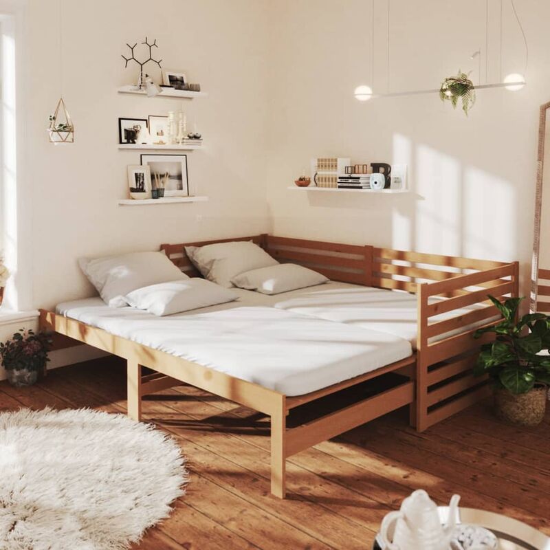 

Sofá cama extraíble madera maciza pino marrón miel 2x(90x200)cm