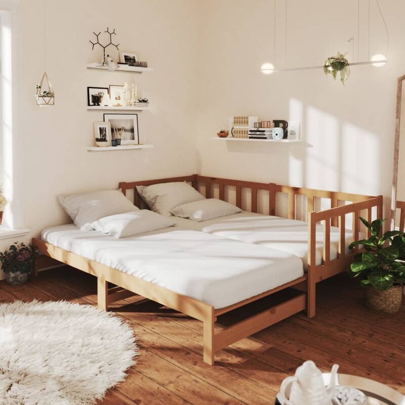 

Sofá cama extraíble madera maciza pino marrón miel 2x(90x200)cm