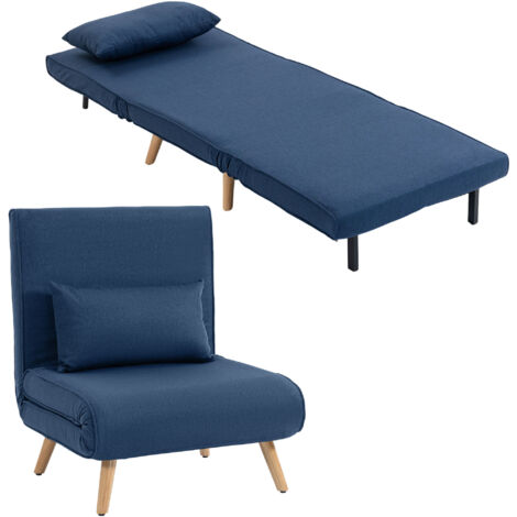 Sofá cama individual plegable con respaldo ajustable en 5 posiciones, tapizado y con almohada, 72x75x85 cm, color azul.