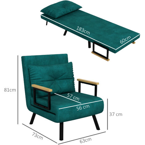 Sofá Cama Individual Plegable Silla Cama Convertible 3 en 1 Respaldo Ajustable de 5 Niveles y Almohada 63x73x81 cm Verde
