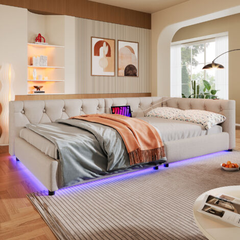 Sofá cama infantil 90x200cm, tapizado con LED, puerto USB + Tipo C, somier de láminas, sin colchón, lino, beige