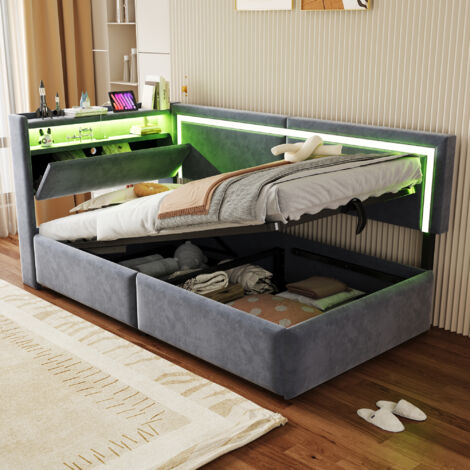 Sofá cama infantil de 90x200 cm, con espacio de almacenamiento y puertos USB, cabecero con espacio de almacenamiento, LED, terciopelo gris