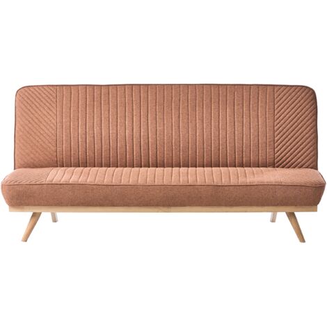 Sofá cama moderno de tela sin reposabrazos 2 plazas asiento y respaldo con costuras patas de metal acabado en madera marrón dorado Kalfafel