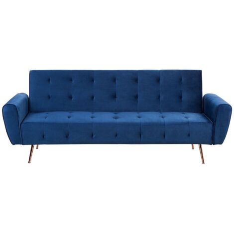Sofá cama moderno de terciopelo convertible con capitoné bolsillo lateral patas de metal cobre azul Selnes
