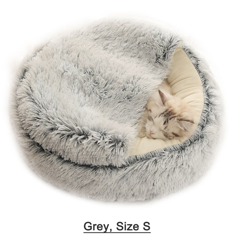 

Sofa cama redondo 2 en 1 de felpa para mascotas y perros, cama inferior antideslizante calida para invierno,Gris, Talla S