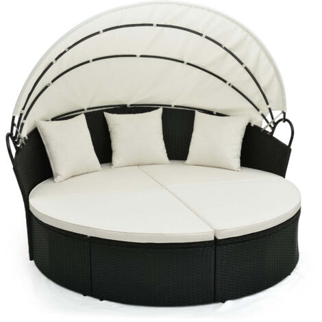 Sofá cama redondo de ratán sintético con dosel retráctil 187 x 180 x 157 cm diseño moderno y versátil en blanco y negro 200012312
