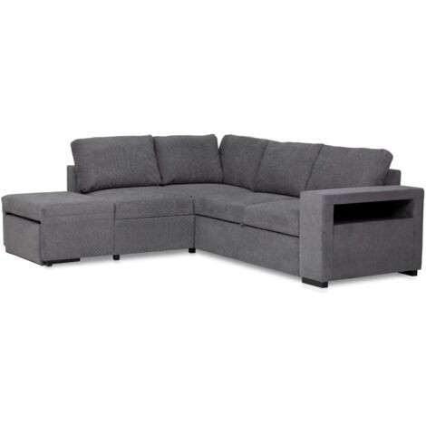 Sofá Cama Romeo Chaiselongue con Arcón, Puf y Estante Estilo Moderno Color Gris Oscuro 249 cm
