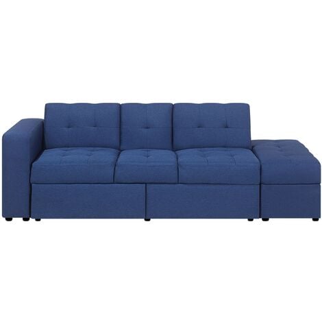 Sofá cama clic clac, patas de madera, sofa 2 plazas, Azul y Gris, Erna