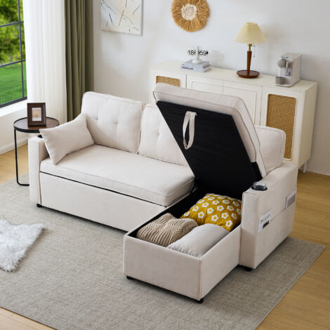 Sofá cama, sofá convertible en forma de L con capitoné, espacio de almacenamiento, 1 portavasos, algodón y lino, beige