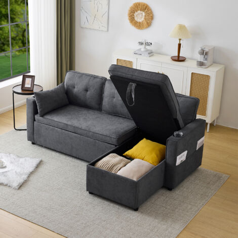 Sofá cama, sofá convertible en forma de L con mechones capitoné, espacio de almacenamiento, 1 portavasos, algodón y lino, gris