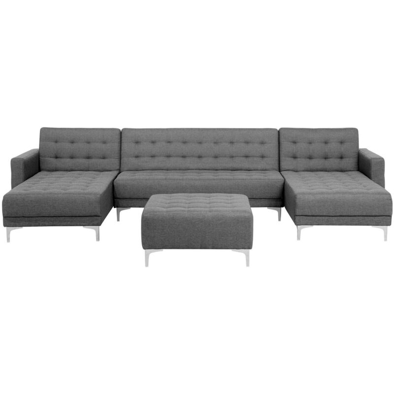 Sofá en forma de U 5 plazas de poliéster gris claro plateado con otomana chaise longues Aberdeen