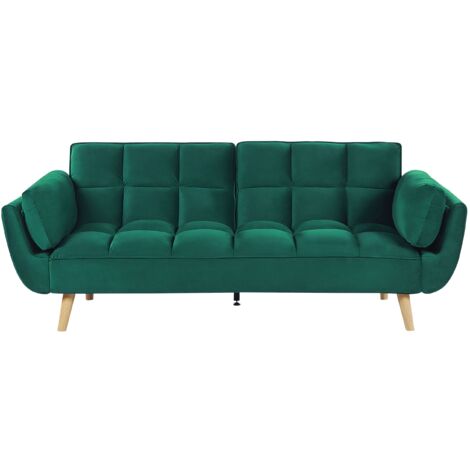 Sofá cama tapizado en tela de terciopelo verde 3 plazas patas de madera relleno de espuma espalda dividida relleno de galleta Asby