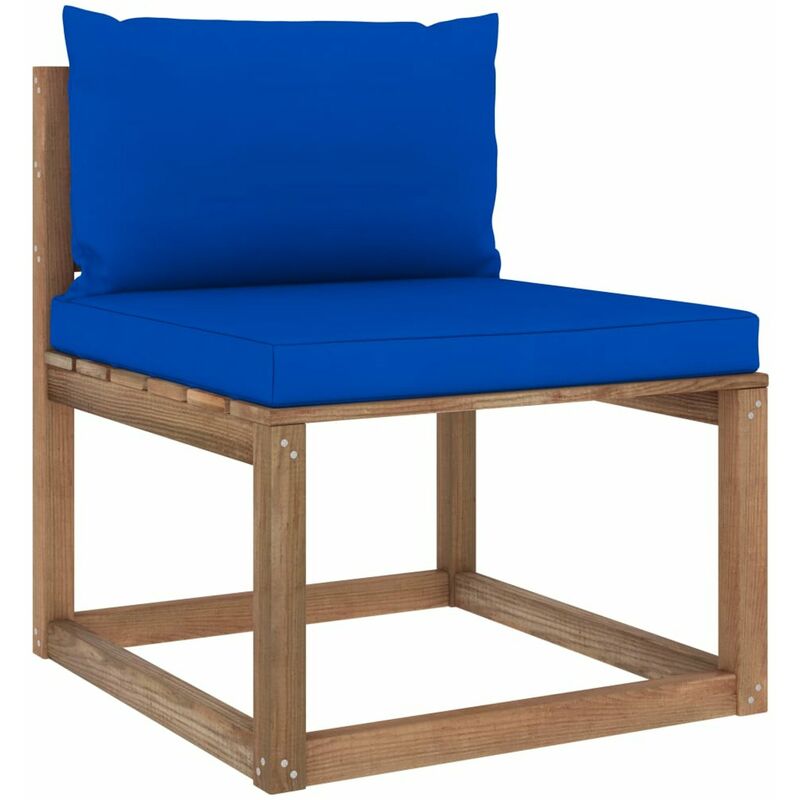 

Sofa central de palets para jardin con cojines azules