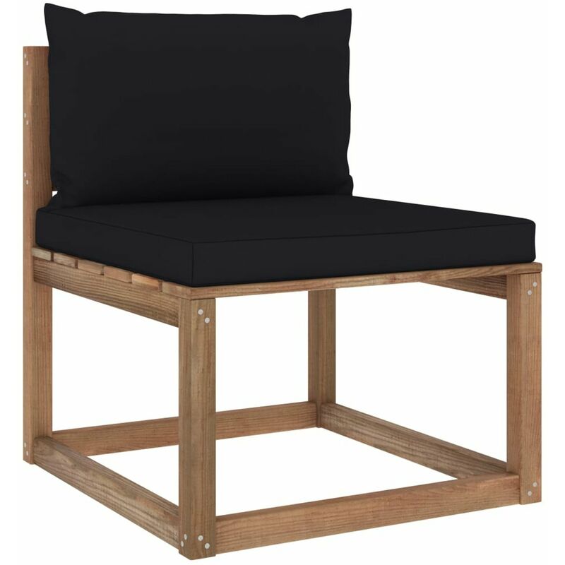 

Sofa central de palets para jardin con cojines negros