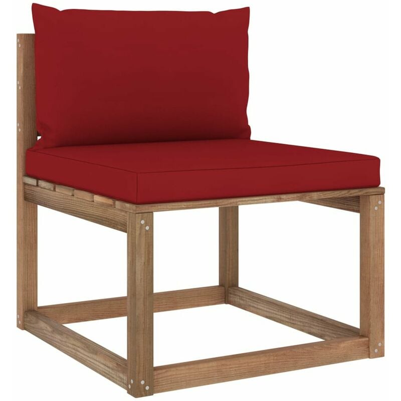 

Sofa central de palets para jardin con cojines rojo tinto