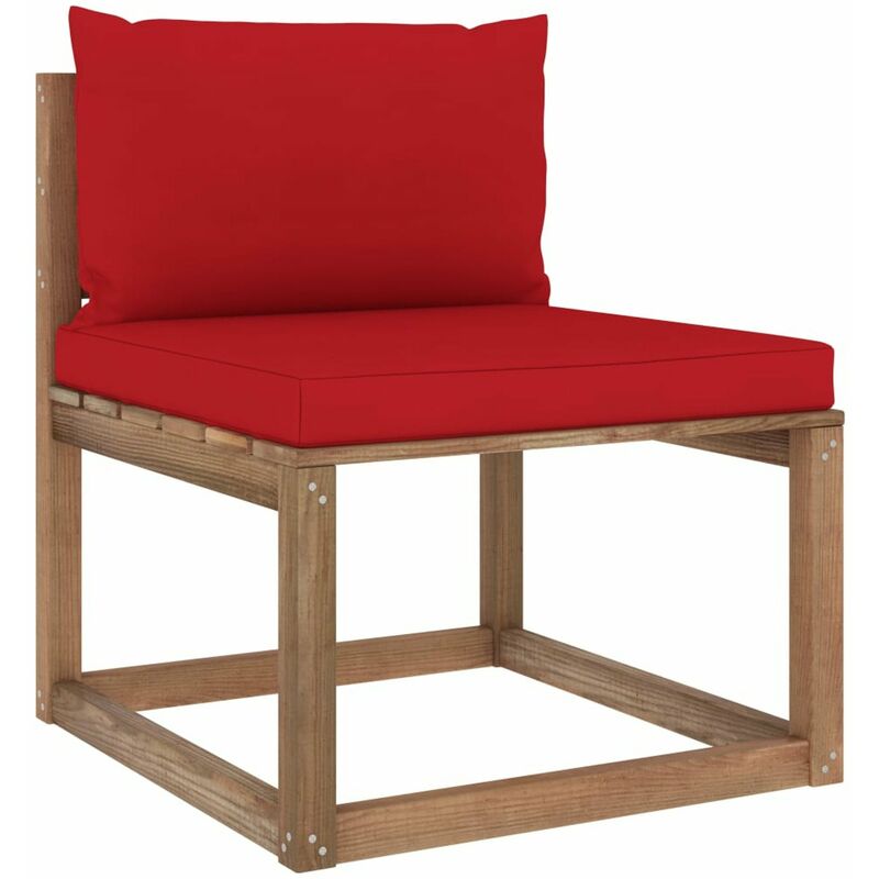 

Sofa central de palets para jardin con cojines rojos