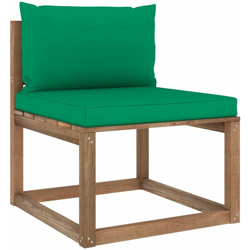 

Sofa central de palets para jardin con cojines verdes