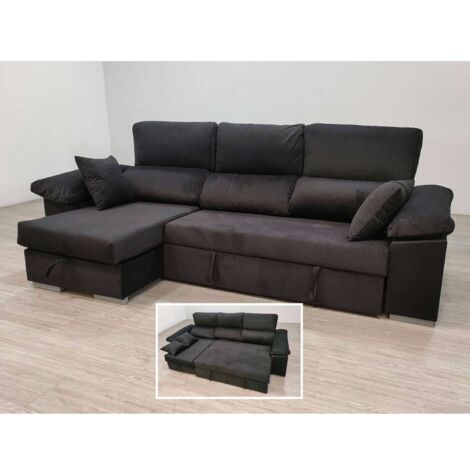 HM-ACTUALLY Sofá Chaiselongue cama Alvaro tapizado negro, 265cm(ancho) 145cm(fondo) 98cm(altura).