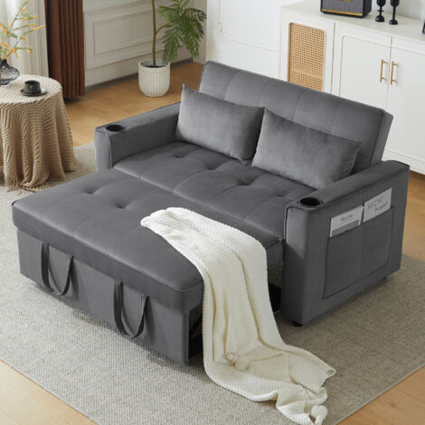 Sofá chaiselongue de 2 plazas 137x76,5x83cm, con respaldo regulable, convertible en sofá cama, terciopelo, gris