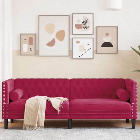 Sofá Chesterfield 3 plazas con cojines terciopelo rojo tinto