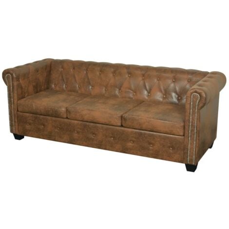 Sofá Chesterfield de 3 plazas cuero sintético marrón vidaXL
