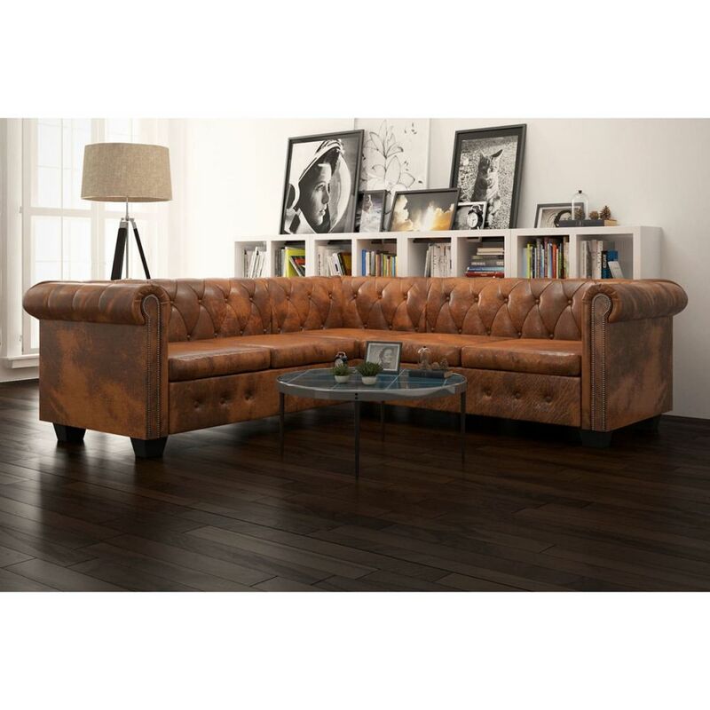

Sofá Chesterfield de esquina 5 plazas de cuero artificial marrón