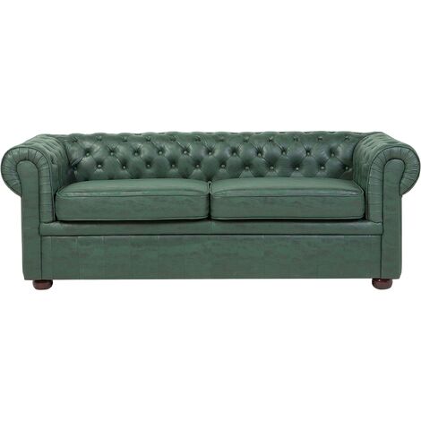 Sofá Chesterfield tapizado en piel sintética verde patas de madera oscura 3 plazas estilo clásico Chesterfield